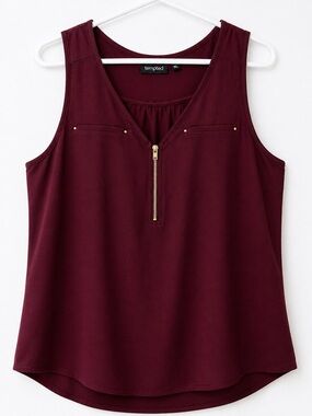Tempted Top Women’s Size XL Burgundy Sleeveless Zip Front Stud Detail Blouse